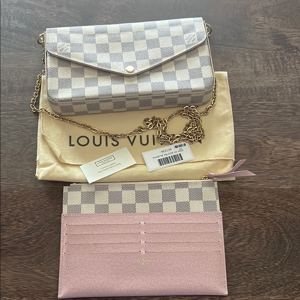 Louis Vuitton Felicie Damier Azur Pochette Chain Wallet Rose Ballerine